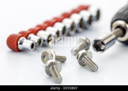 A close-up of five silver metal screws placed on a white surface with a socket wrench attachment and a row of various socket bits with red holders in Stock Photo