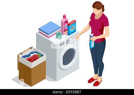 Isometric illustration of a woman doing laundry with washing machine, basket, detergent, and cleaning products. Modern home chore scene for cleaning Stock Vector