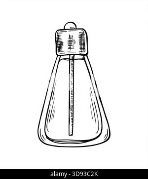 Dropper bottle with aromatic oil, serum or perfume line art black ink sketch. Glass vial with essential oil vector isolated illustration. Stock Vector