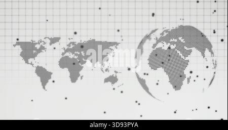 Displaying halftone Mercator map and halftone spherical globe on digital dashboard, with grid nodes Stock Photo
