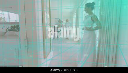 Posing woman in wedding gown in fitting hallway with group talking, teal grid overlay, copy space Stock Photo