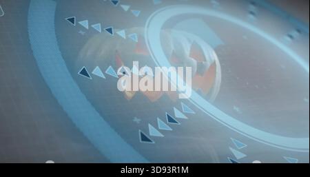 Glowing central sphere pulsing inside luminous ring on holographic dashboard, triangular chevrons Stock Photo