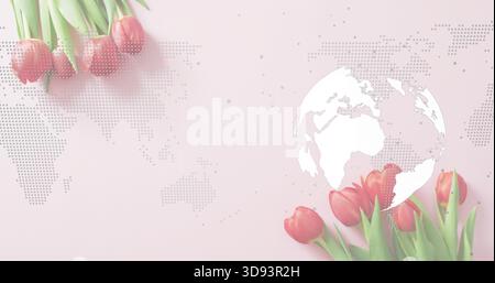Resting red tulip cluster overlapping pastel pink surface, with white globe silhouette, copy space Stock Photo