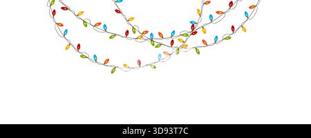 Colorful, hanging Christmas string lights or holiday garland border on a white background. Isolated graphic design element. Editable vector illustrati Stock Vector