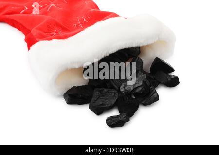 Pieces of black coal in Christmas stocking isolated on white Stock Photo