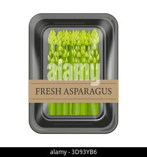 Fresh asparagus spears in plastic tray packaging Stock Vector
