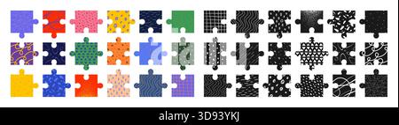 Abstract thinking puzzle game, bright textures mosaic solution vector template, Colorful and black and white jigsaw tiles with bizarre motley pattern Stock Vector