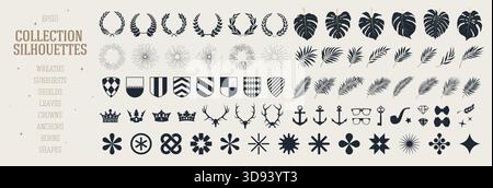 Big set of various design elements, tropical leaves and plants branches, detail wreaths and sunbursts, vector shapes collection assets of isolated det Stock Vector