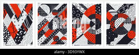 Abstract vector geometric mosaic Posters with bizarre monochrome motley pattern in patchwork style, Hand drawn modern wall art with aesthetic naive or Stock Vector