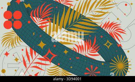 Abstract geometric background with 3d frame wireframe form and turquoise line entwining zigzag torus shapes, vector colorful modern design Full HD com Stock Vector