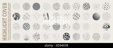 Big Set of various abstract highlight covers, hand drawn round black doodle shapes with textures, pattern icons stories for social media, spotted and Stock Vector