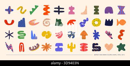 Collection of minimalistic bizarre abstract geometric shapes and forms with different textures in contemporary style, Hand drawn colorful primitive, V Stock Vector