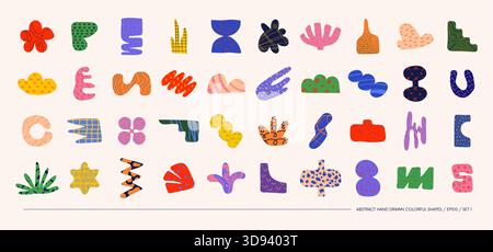 Collection of minimalistic bizarre abstract geometric shapes and forms with different textures in contemporary style, Hand drawn colorful primitive, V Stock Vector