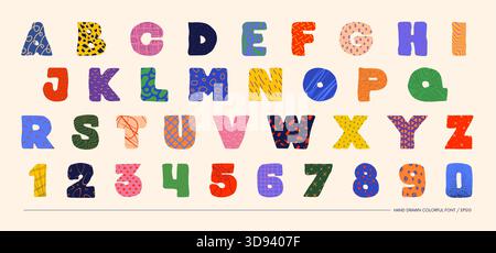 Hand drawn colorful bizarre alphabet thick font with different textures, unusual latin typeface in matisse art style, vector bold letters and numbers Stock Vector
