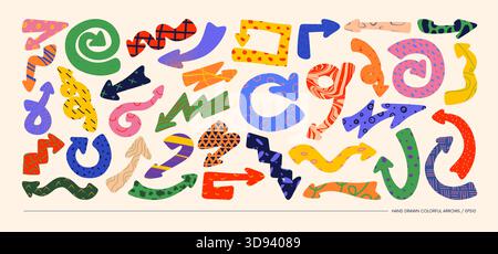 Collection of minimalistic bizarre cartoon arrows sketch handmade with different textures in matisse art style, vector unusual pointers Stock Vector