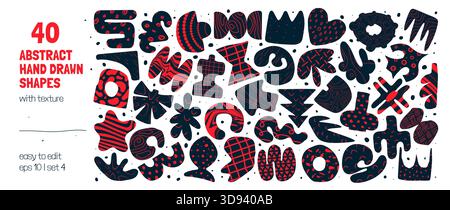 Collection of silhouettes minimalist bizarre abstract geometric unusual shapes and forms with different textures in matisse style, Hand drawn primitiv Stock Vector