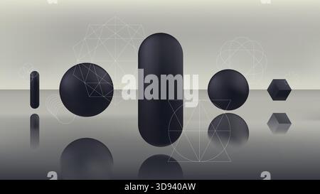 Black volumetric geometric shapes hover over the gray surface of water, abstract gradient vector background, Halftone minimal covers design Stock Vector