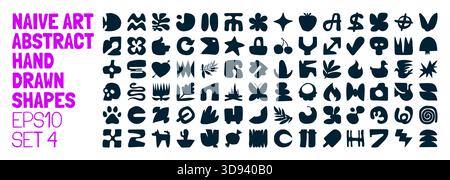 Set of silhouettes minimalistic bizarre abstract geometric unusual shapes and forms in matisse art style, Hand drawn monochrome primitive, Big vector Stock Vector