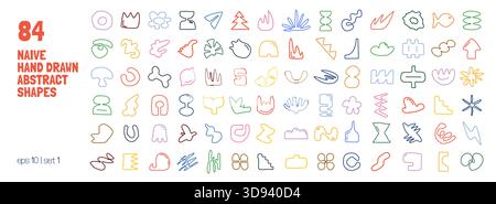 Set of contours of various unusual figures drawn hand, Linear scribble with a pencil or marker, Curve silhouettes minimal bizarre abstract playful geo Stock Vector