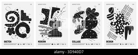 Black and White vector minimalistic Posters with bizarre abstract geometric unusual shapes and forms with textures in matisse style, Hand drawn modern Stock Vector