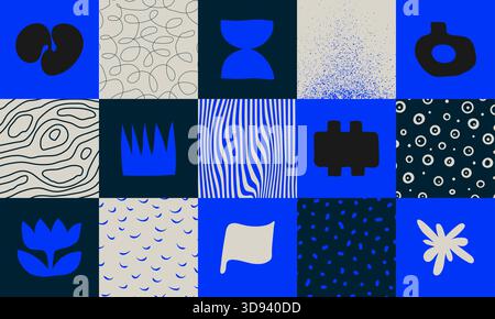 Set of square abstract geometric compositions, Hand drawn playful naive geometric unusual shapes and texture, minimalistic bizarre collage in matisse Stock Vector