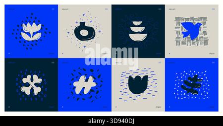 Set of compositions from silhouettes minimalistic bizarre childish abstract unusual shapes and texture in matisse art style, Hand drawn color playful Stock Vector