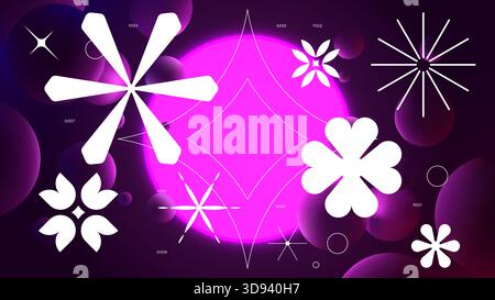 Futuristic vector gradient with glowing purple circle on dark background, neon lighting with reflex on spheres and geometrical shapes modern design in Stock Vector