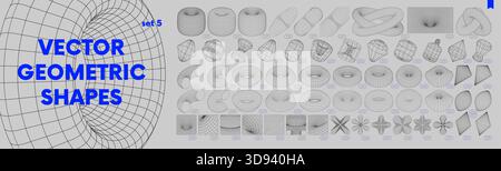 Collection of strange wireframes vector 3d geometric shapes, distortion and transformation of figure, set of different linear form inspired by brutali Stock Vector