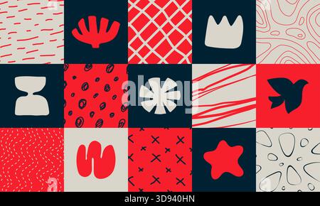 Set of square abstract geometric compositions, Hand drawn playful naive geometric unusual shapes and texture, minimalistic bizarre collage in matisse Stock Vector