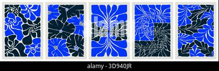 Set groovy abstract flower poster, Minimal floral art prints Matisse inspired, Organic doodle shapes in trendy naive retro style, Funky botanic vector Stock Vector