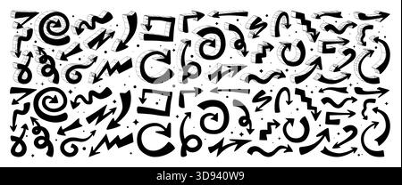 Set of vector cartoon arrows sketch handmade with the imitation of a pen, volumetric 3D pointers of brutal wireframe elements Stock Vector