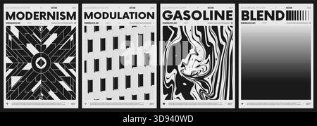 Modern abstract poster collection, vector minimalist posters with geometric shapes in black and white, brutalist style inspired graphics, bold aesthet Stock Vector