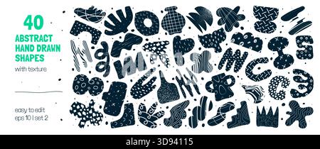 Collection of silhouettes minimalist bizarre abstract geometric unusual shapes and forms with different textures in matisse style, Hand drawn primitiv Stock Vector