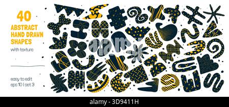 Collection of silhouettes minimalist bizarre abstract geometric unusual shapes and forms with different textures in matisse style, Hand drawn primitiv Stock Vector