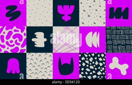 Set of square abstract geometric compositions, Hand drawn playful naive geometric unusual shapes and texture, minimalistic bizarre collage in matisse Stock Vector