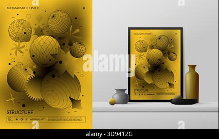 Vector gradient minimalistic rave Poster with strange wireframes graphic of geometrical shapes Y2K design inspired by brutalism and mockup in the inte Stock Vector