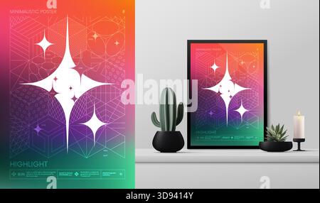 Vector gradient minimalistic rave Poster with strange wireframes graphic of geometrical shapes Y2K design inspired by brutalism and mockup in the inte Stock Vector