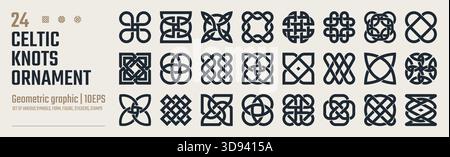 Set of Celtic outline knots ornament, Medieval viking tattoo shape vector, infinite weaving pattern, Collection of various form, stickers assets, abst Stock Vector