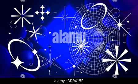 Futuristic vector gradient with glowing ultramarine square on dark background, neon lighting with reflex on spheres and geometrical shapes modern desi Stock Vector