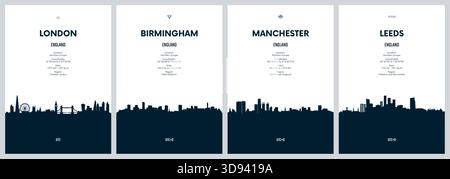 Travel vector set with city skylines London, Birmingham, Manchester, Leeds detailed city skylines minimalistic graphic artwork Stock Vector