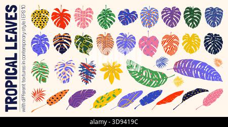 Set minimalistic naive unusual tropical leaves in matisse art style, Hand drawn silhouettes jungle plants branches with different textures, Botanical Stock Vector