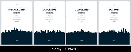 Travel vector set with city skylines Philadelphia, Columbus, Cleveland, Detroit detailed city skylines minimalistic graphic artwork Stock Vector