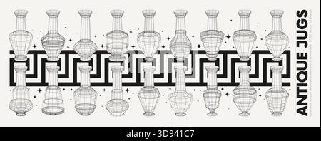 Vector graphic assets of unusual jugs wireframe with geometrical with Greek ornament, Strange stylized figures 3D surreal antique elements, graphic sh Stock Vector