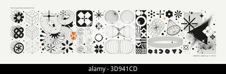 Vector graphic assets set in acid style, retro futuristic background with wireframe elements of different forms, bold modern shapes for design templat Stock Vector