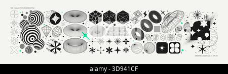 Vector graphic assets set in acid style, retro futuristic background with wireframe elements of different forms, bold modern shapes for design templat Stock Vector
