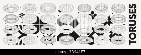 Vector graphic assets of unusual torus wireframe with geometrical shapes, Strange stylized figures 3D surreal toruses elements, graphic assets inspire Stock Vector