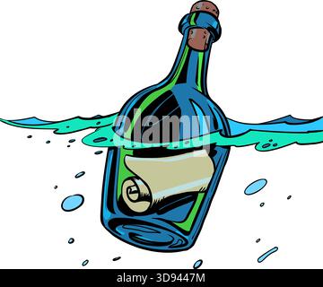 A bottle with a note in water. Message in glass. A business offer for clients. Stock Vector