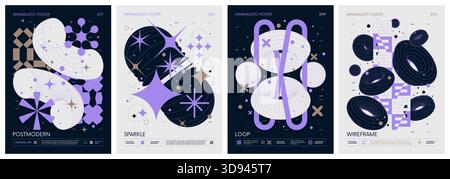 Brutalist style vector minimalistic Posters with silhouette basic figures, Retro futuristic graphic elements of geometrical shapes rave composition, M Stock Vector