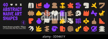 Collection of various hand drawn bizarre abstract geometric unusual shapes, forms in matisse art style, Childish freehand aesthetic, Vector naive dood Stock Vector