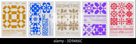 Geometric art colorful trendy poster, abstract kaleidoscope composition graphic in Y2K aesthetics, vector simple shapes rave print artwork modernism a Stock Vector